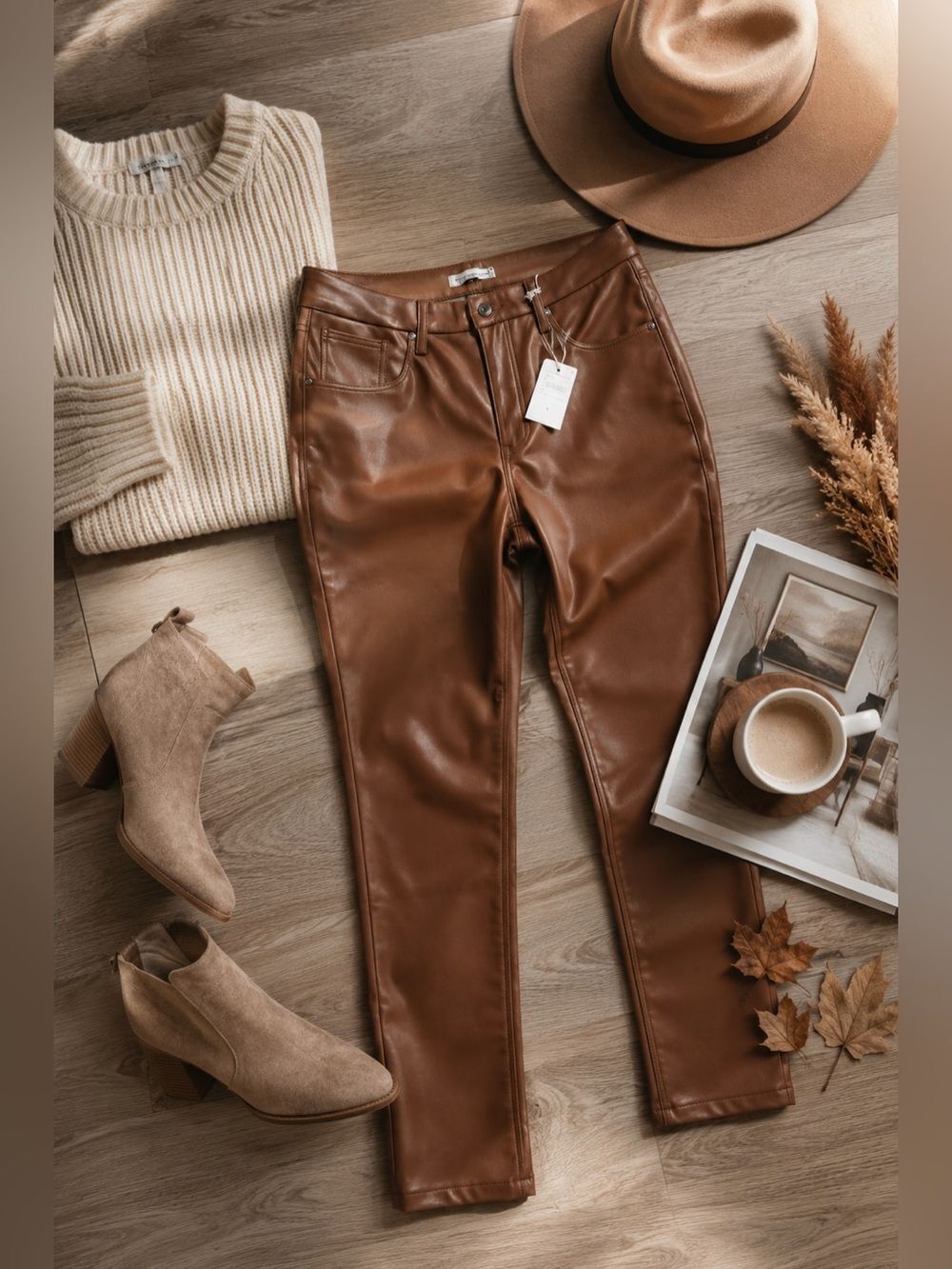 NWT Good American Good Legs Faux Leather Pants Burnt Caramel 14/32 High Rise